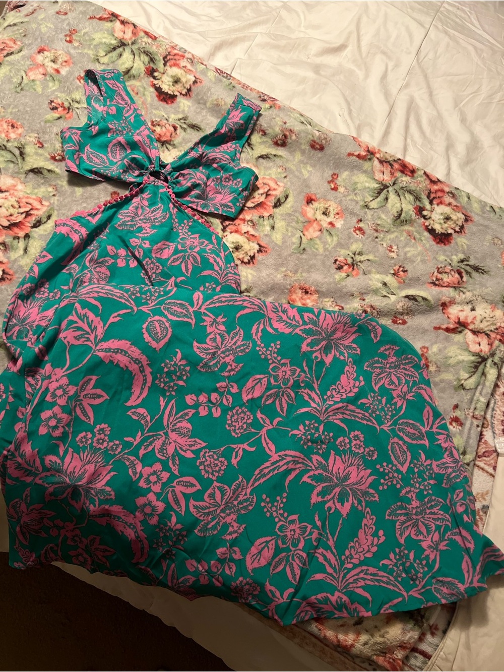 Turquoise & Pink Floral Tie-Back Cut Out Maxi Sundress Sz XS